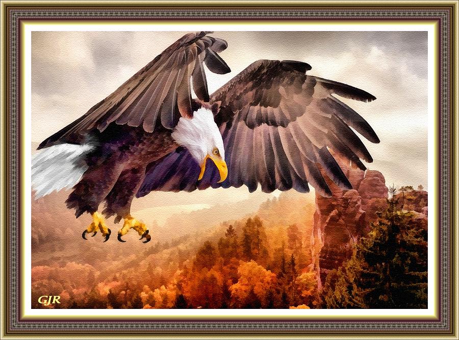 Bald Eagle Closing In For The Catch L A S With Decorative Ornate Printed Frame. Digital Art