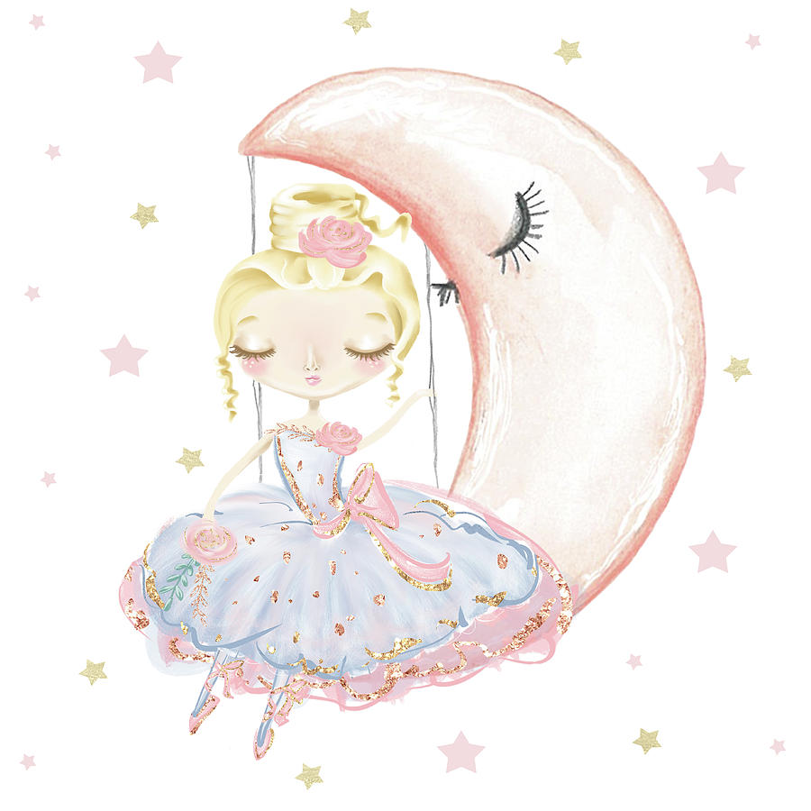 Moon Digital Art - Ballerina Sitting On A Moon Stars by Pink Forest Cafe