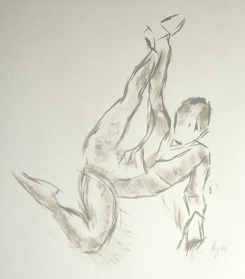Ballet dancer lying on floor and stretching leg by grabbing ankle Painting by Mike Jory