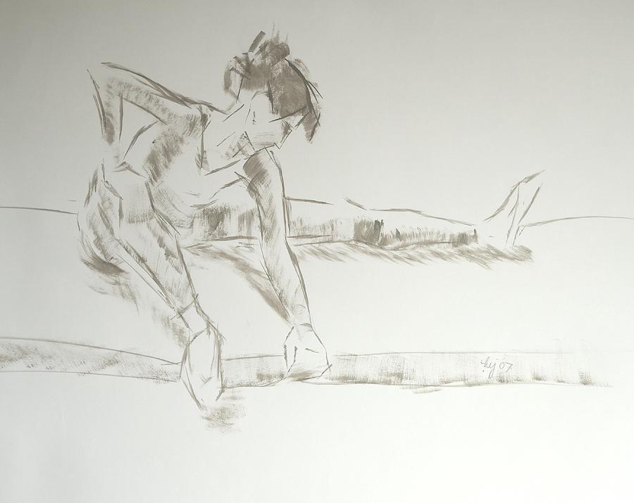 Ballet dancer seated stretching leg Drawing by Mike Jory