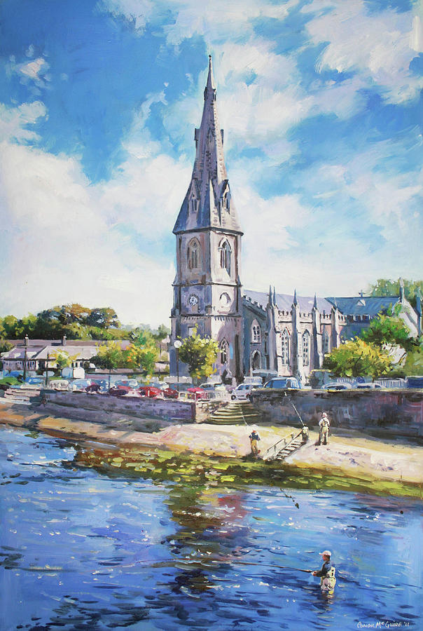 Ballina Cathedral on River Moy Painting by Conor McGuire