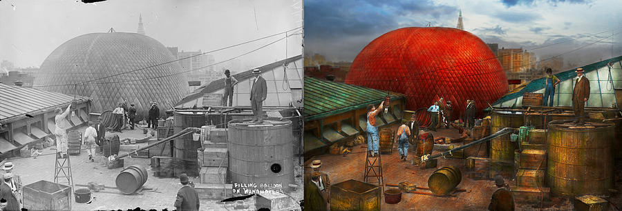 Balloon - Filling balloon on Wanamakers  - 1911 - Side by Side Photograph by Mike Savad