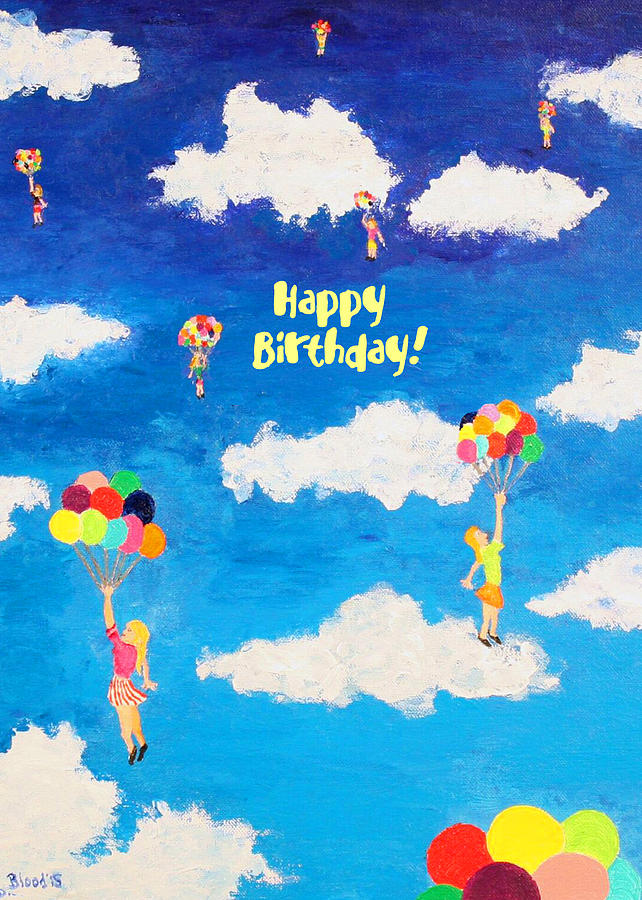 Balloon Girls Birthday Greeting Card Painting by Thomas Blood