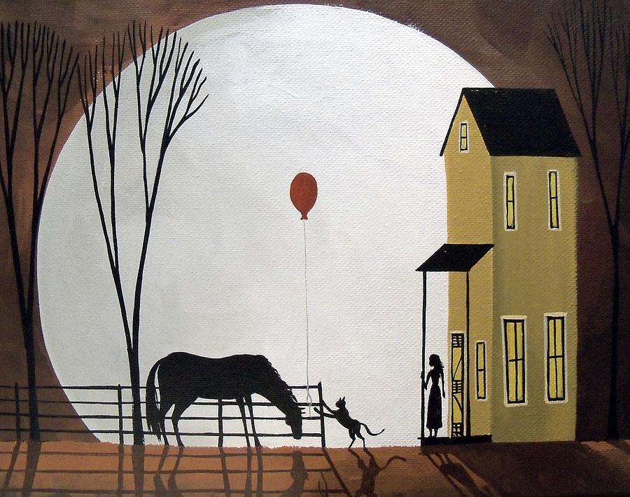 Balloon Tag - cat horse girl moon folk art Painting by Debbie Criswell