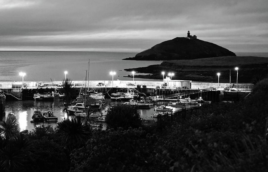 Ballycotton Ireland Marina Harbour and Lighthouse East County Cork Black and White Photograph by Shawn OBrien