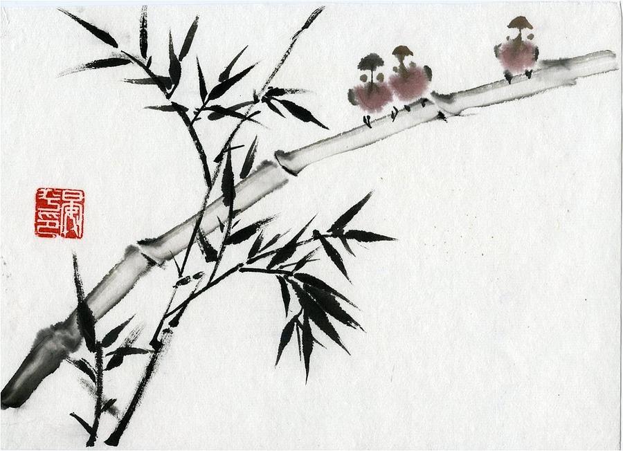 Bamboo and sparrow Painting by Ping Yan