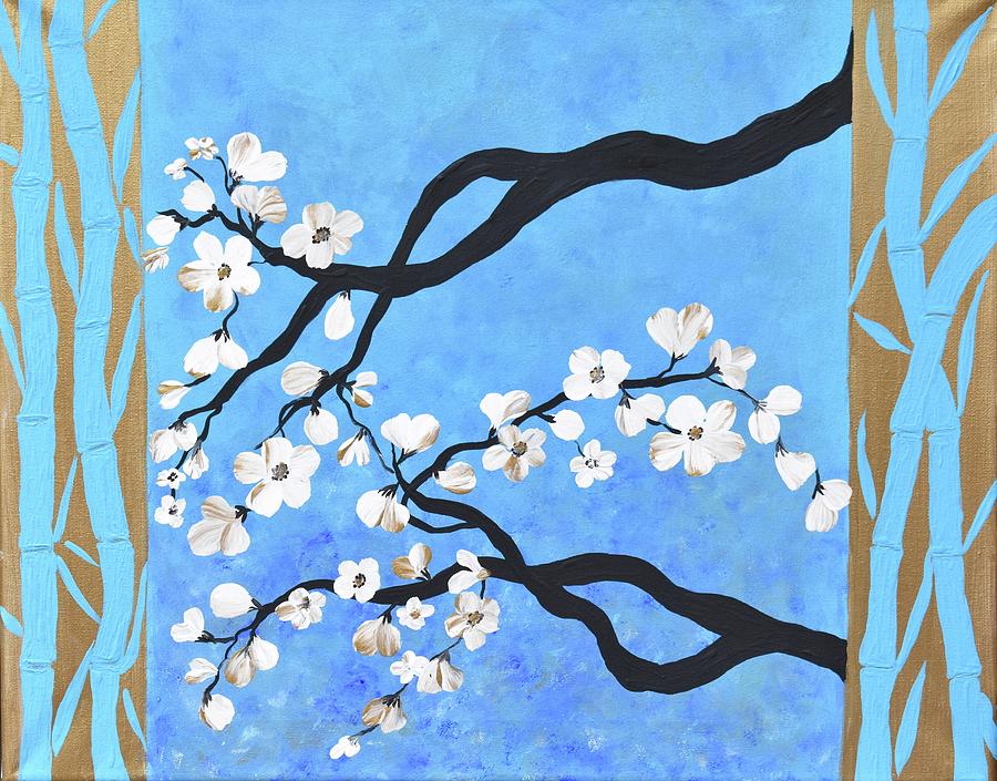 Bamboo Painting Cherry Blossoms Art Oriental Flower Painting Blue Golden Zen Art  Painting by Geanna Georgescu