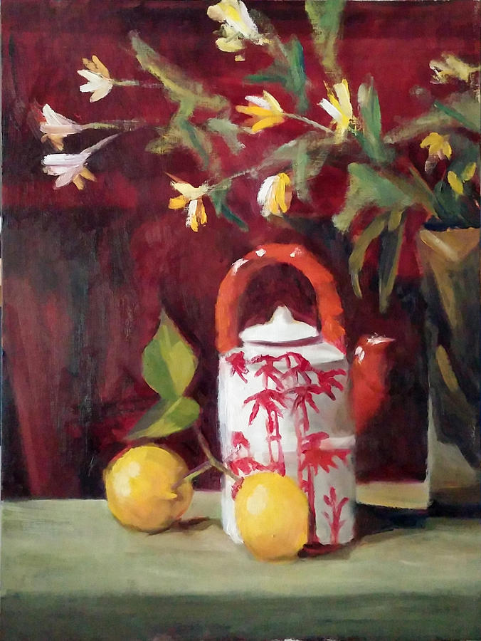 Still Life Painting - Bamboo Teapot with Lemons by Mary Marin