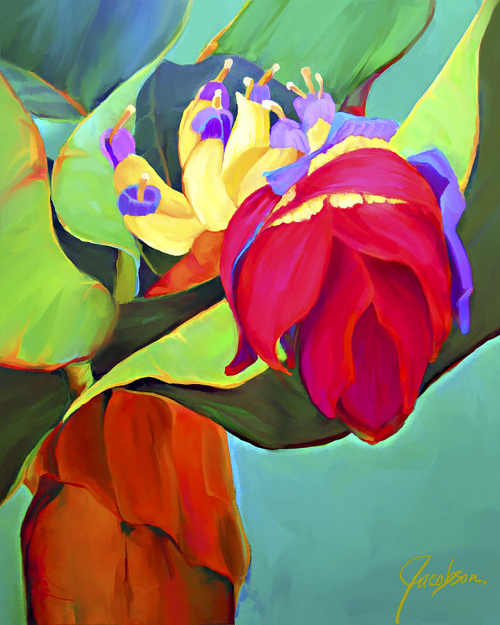 Banana Tree Teal Painting by Jackie Jacobson