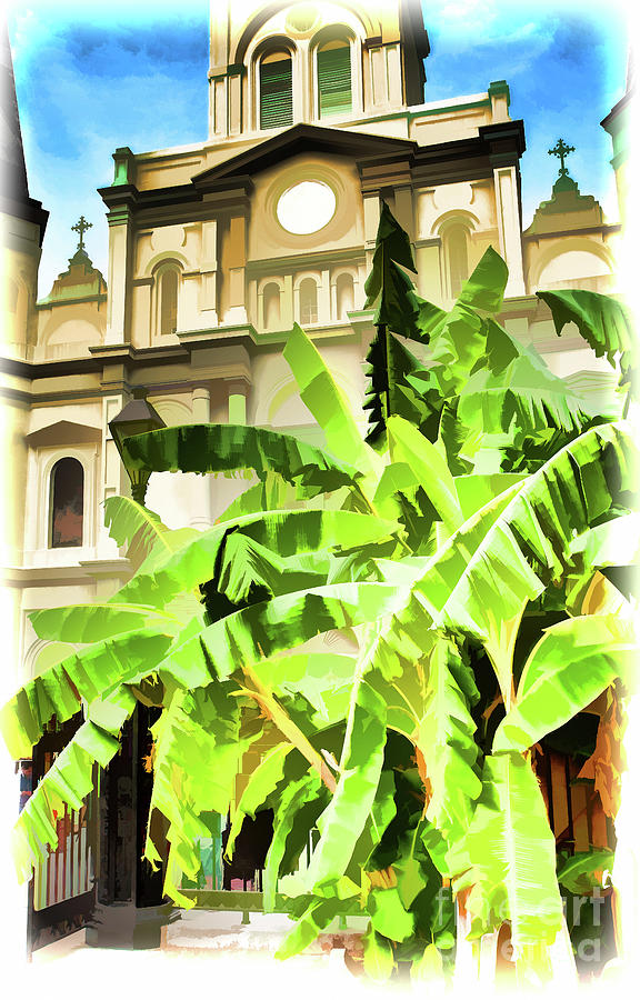 Banana Trees and St. Louis Cathedral_NOLA-Digital Watercolor Photograph by Kathleen K Parker