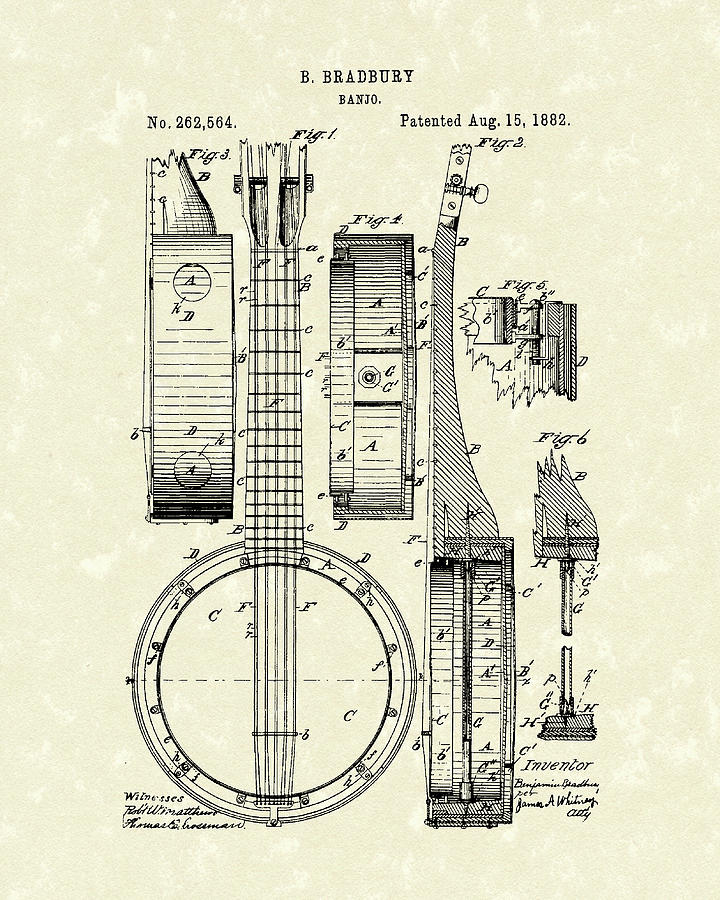 Banjo 1882 Patent Art Drawing by Prior Art Design