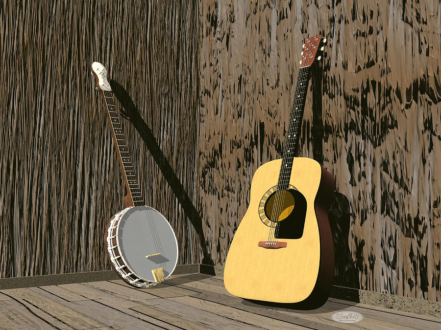 Music Digital Art - Banjo and guitar- 3D render by Elenarts - Elena Duvernay Digital Art