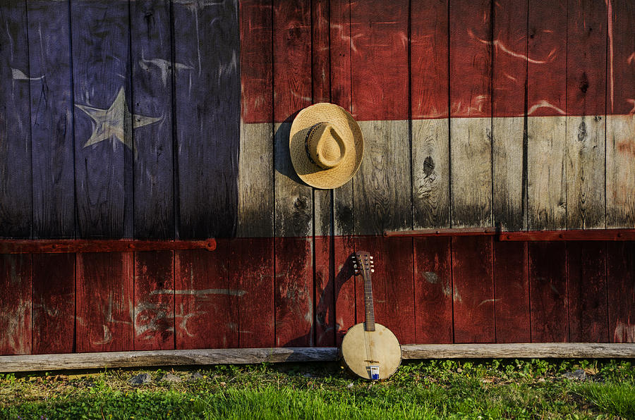 Banjo Mandolin and Texas Flag on a Old Barn Photograph by Bill Cannon