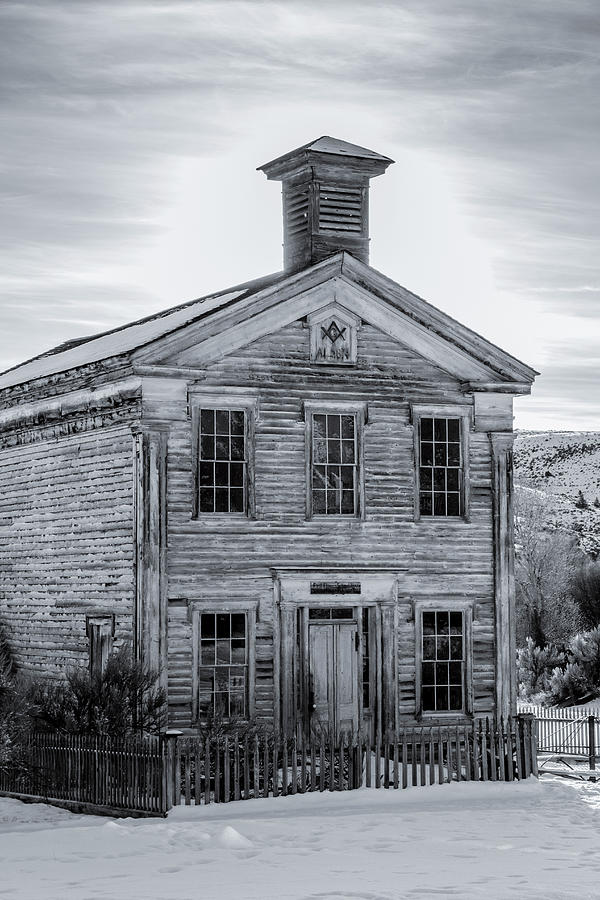 Bannack Schoolhouse and Masonic Temple Monochrome Photograph by Teresa Wilson