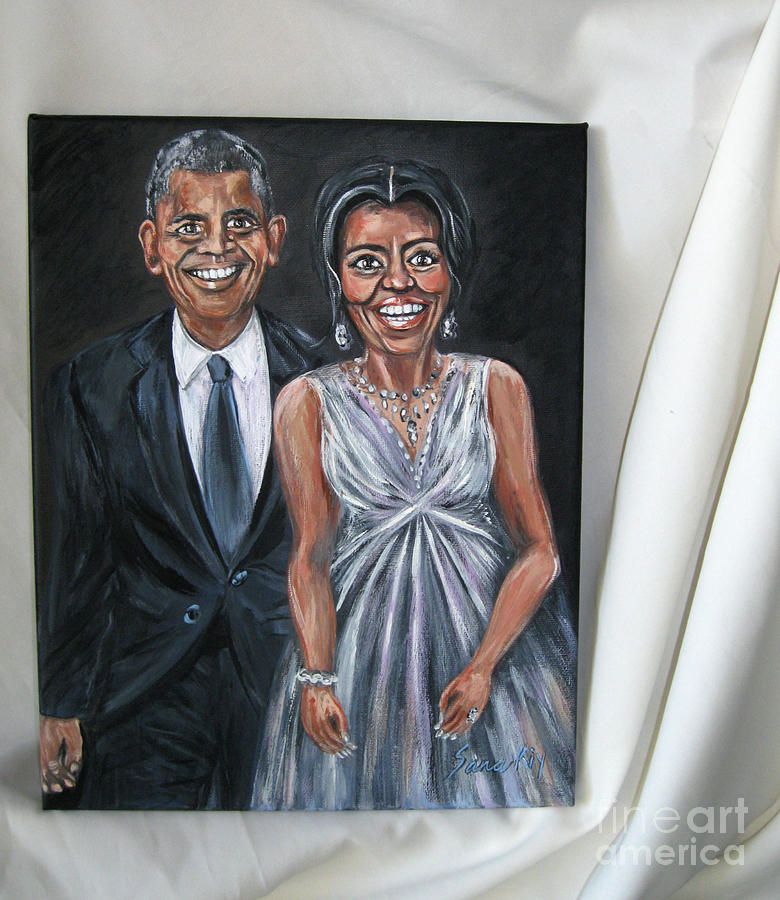 Barack and Michelle Obama. Portrait. Art 2016 Painting by Oksana Semenchenko
