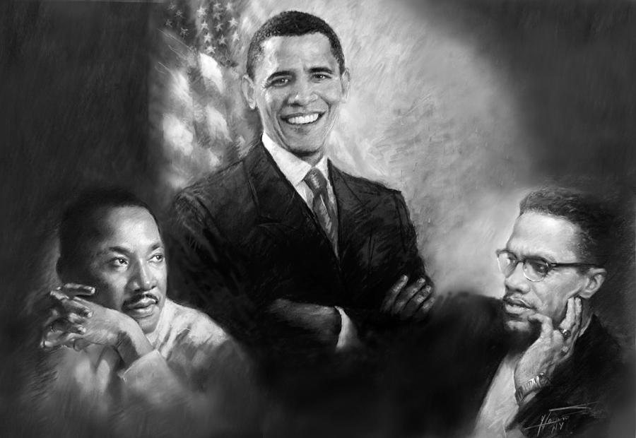 Barack Obama Martin Luther King Jr and Malcolm X Pastel by Ylli Haruni