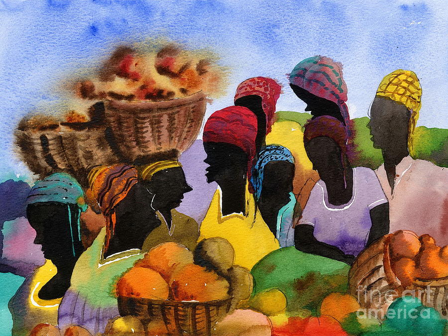 Barbados Marketplace Painting by Val Byrne