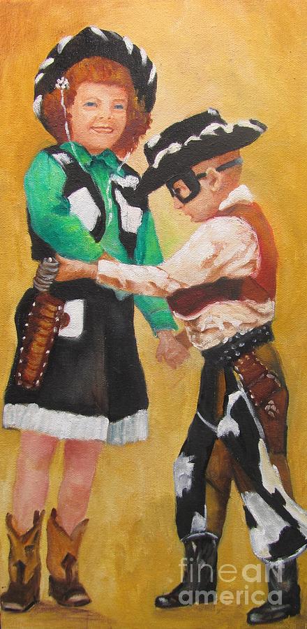 Barbara and Buddy Playing Cowboys Painting by Barbara Haviland