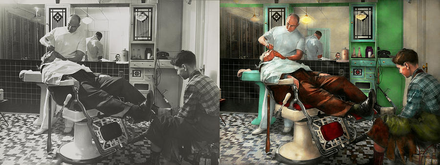 Vintage Photograph - Barber - Shave - Pennepackers barber shop 1942 - Side by Side by Mike Savad
