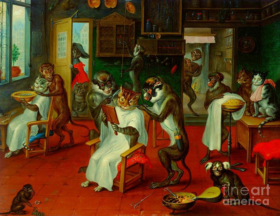 Barber Shop with Cats and Apes  Painting by Peter Ogden