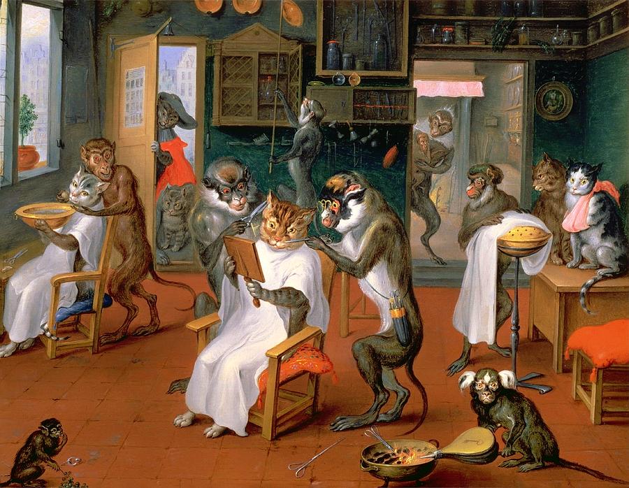 Vintage Painting - Barbershop With Monkeys And Cats  by Mountain Dreams