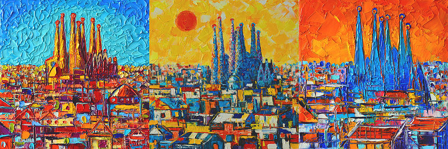 Barcelona Painting - Barcelona Abstract Cityscape Triptych Gaudis Sagrada Familia by Ana Maria Edulescu
