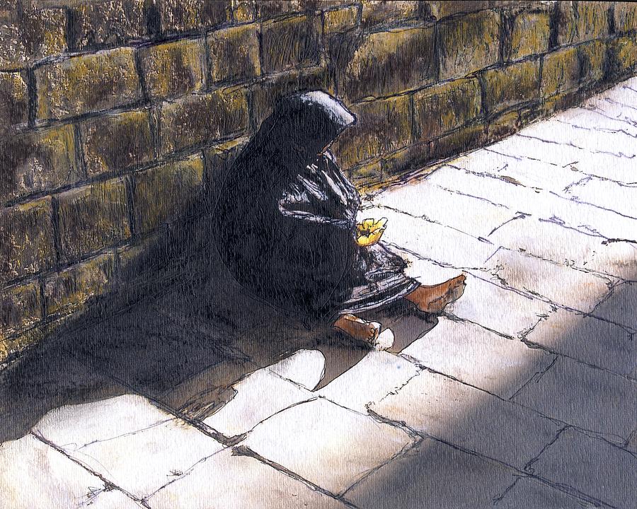 Barcelona Begger Painting by Randy Sprout