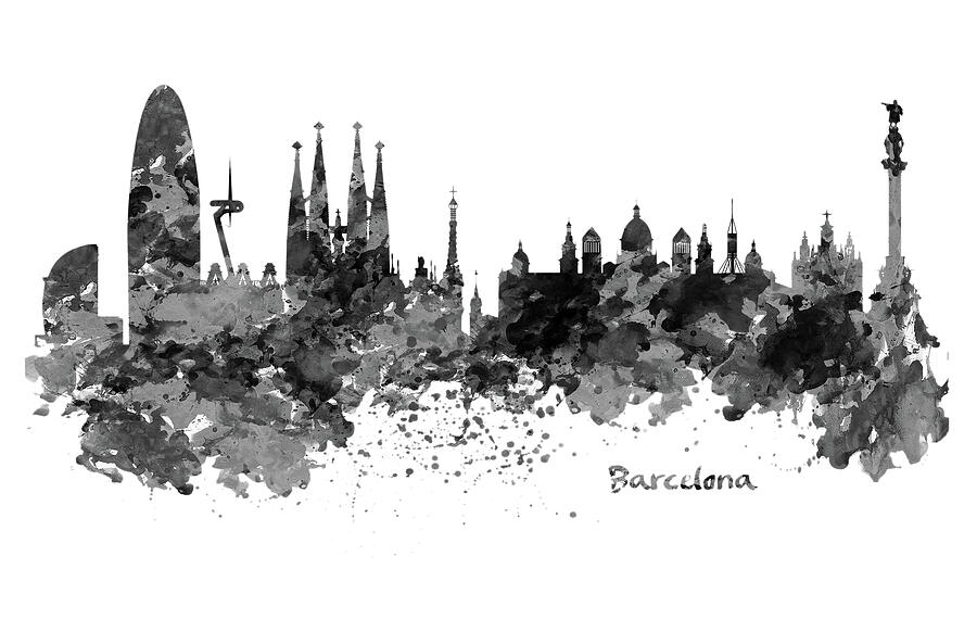 Barcelona Black and White Watercolor Skyline Painting by Marian Voicu