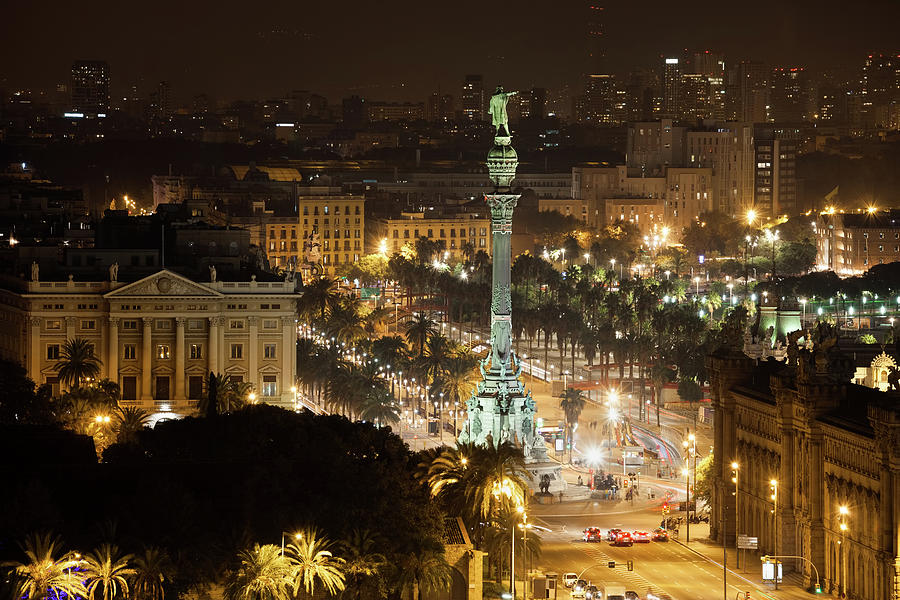 Barcelona Cityscape and Columbus Monument by Night Photograph by Artur Bogacki
