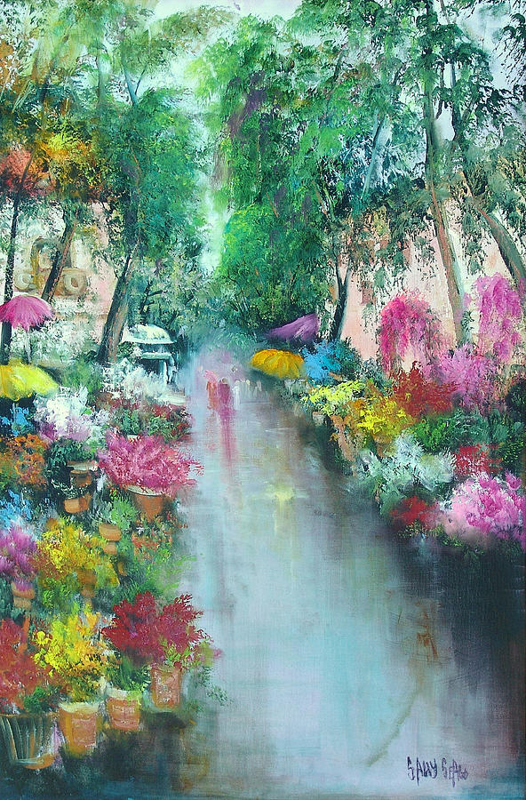 Barcelona Flower Market Painting by Sally Seago