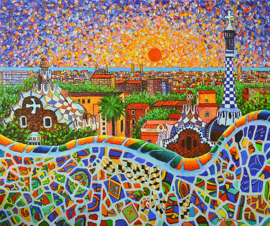 Barcelona Panorama Park Guell Modern Impressionist Palette Knife Oil Painting By Ana Maria Edulescu Painting by Ana Maria Edulescu