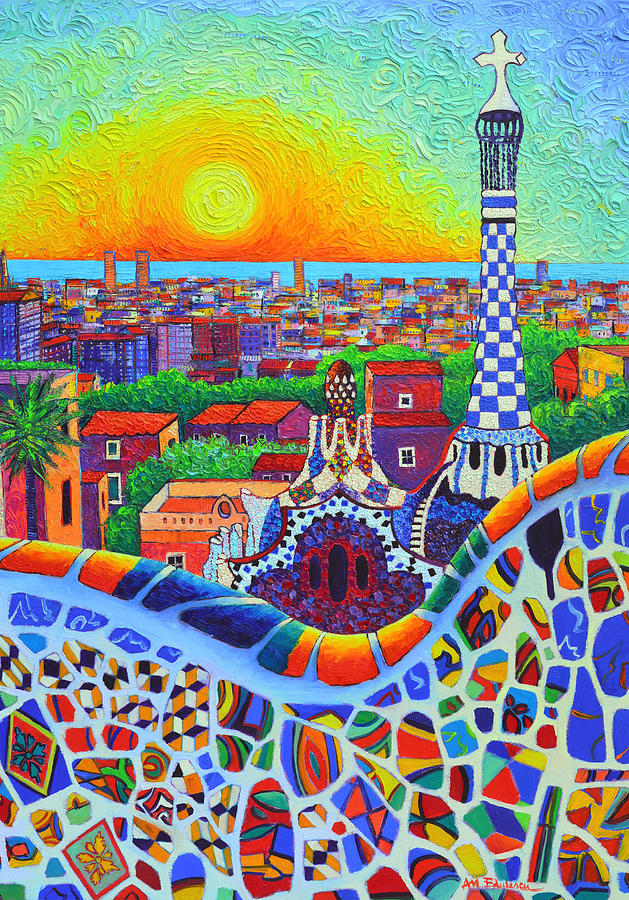 Barcelona Park Guell Sunrise Gaudi Tower Textural Impasto Knife Oil Painting By Ana Maria Edulescu Painting by Ana Maria Edulescu