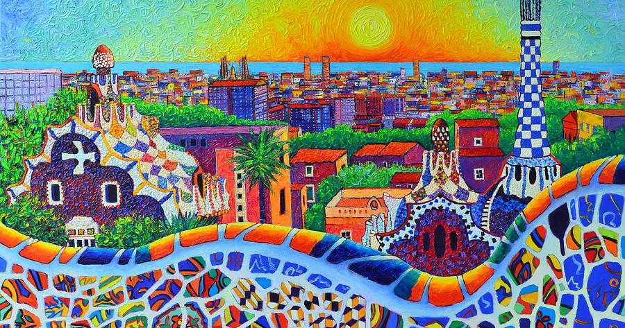 BARCELONA PARK GUELL SUNRISE modern impressionism palette knife oil painting by Ana Maria Edulescu Painting by Ana Maria Edulescu