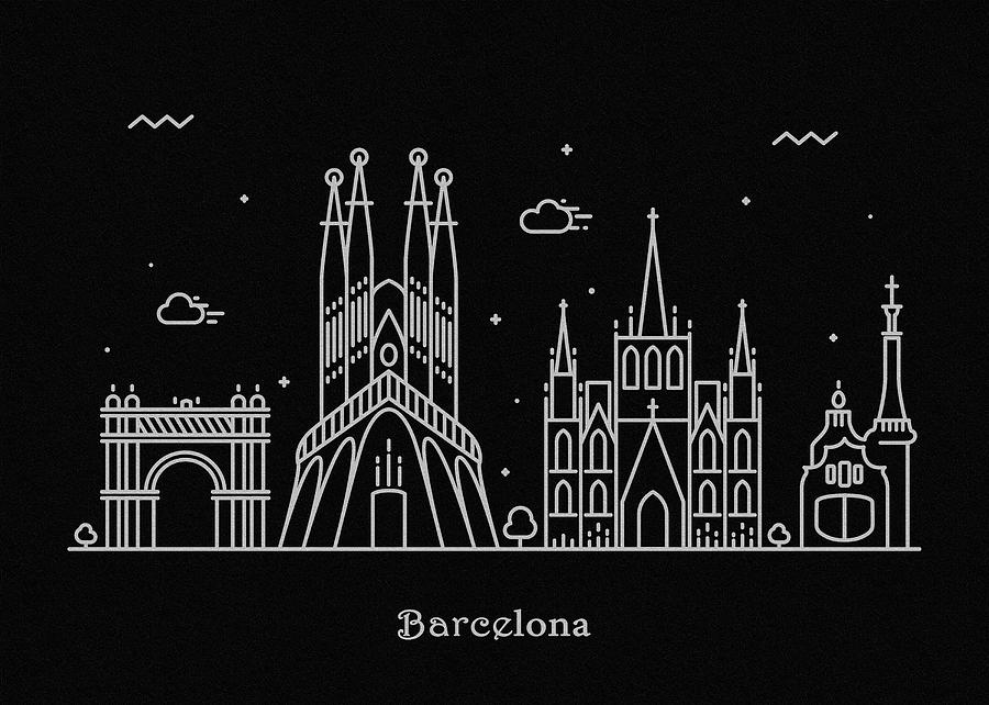 Barcelona Drawing - Barcelona Skyline Travel Poster by Inspirowl Design