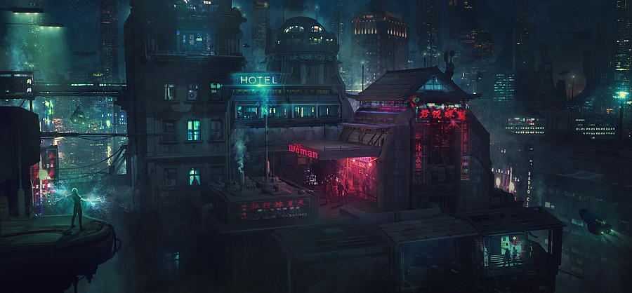 Scifi Painting - Barcelona Smoke and Neons Eixample by Guillem H Pongiluppi