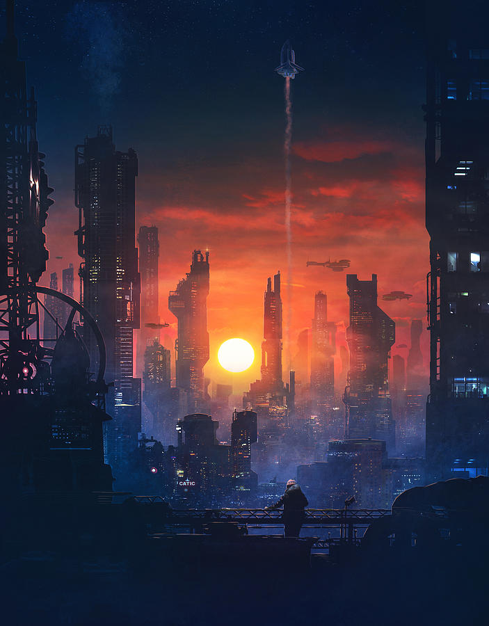 Scifi Painting - Barcelona Smoke and Neons The End by Guillem H Pongiluppi