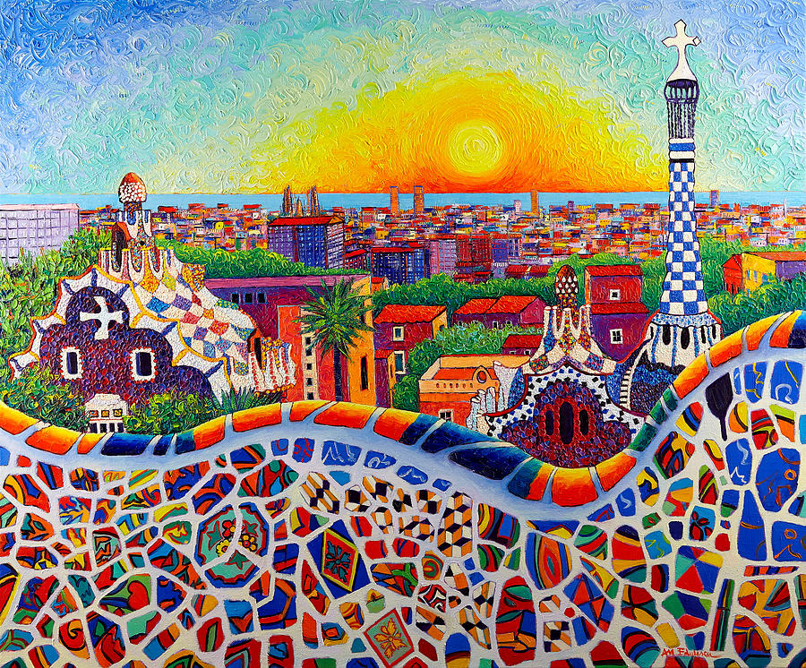 BARCELONA SUNRISE COLORS FROM PARK GUELL modern impressionism knife oil painting Ana Maria Edulescu Painting by Ana Maria Edulescu