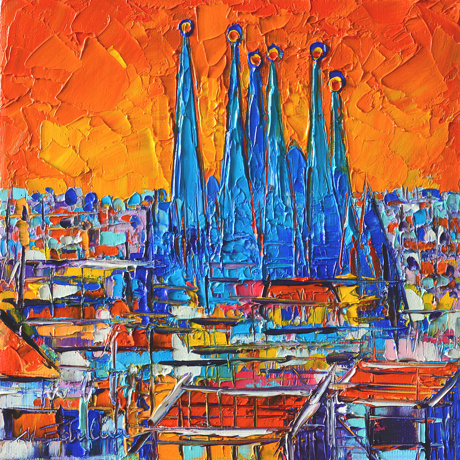 BARCELONA SUNSET SAGRADA FAMILIA abstract city palette knife oil painting by Ana Maria Edulescu Painting by Ana Maria Edulescu