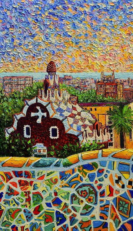 Barcelona View From Guell Park - Palette Knife Oil Painting By Ana Maria Edulescu - Left Panel Painting by Ana Maria Edulescu