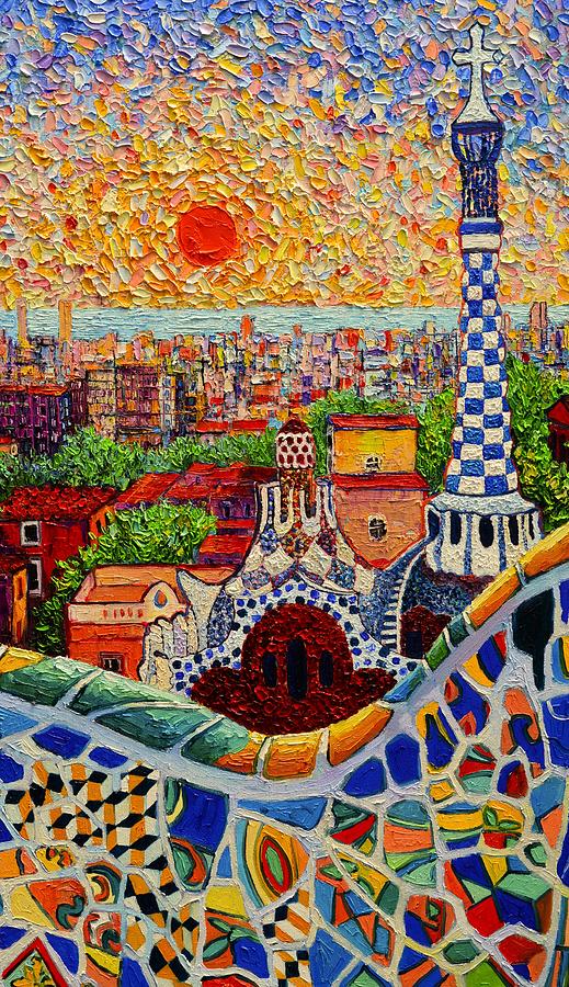 Barcelona View From Guell Park - Palette Knife Oil Painting By Ana Maria Edulescu - Right Panel Painting by Ana Maria Edulescu