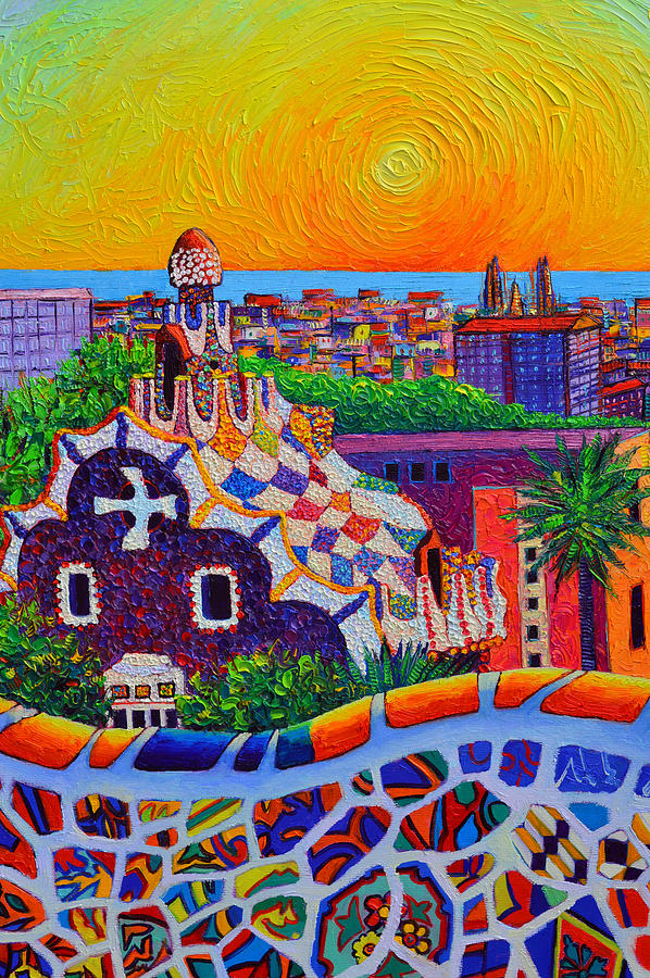BARCELONA VIEW FROM PARK GUELL AT SUNRISE SAGRADA FAMILIA knife oil painting Ana Maria Edulescu Painting by Ana Maria Edulescu