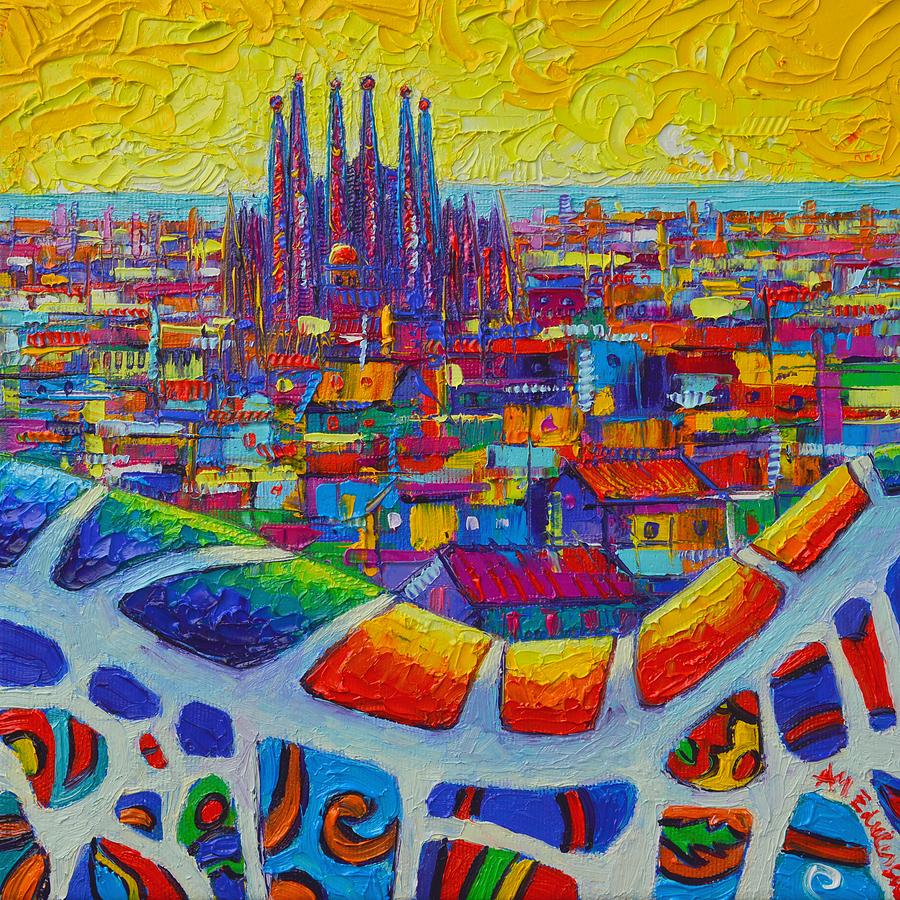BARCELONA VIEW SAGRADA FROM PARK GUELL impressionist abstract city knife painting Ana Maria Edulescu Painting by Ana Maria Edulescu