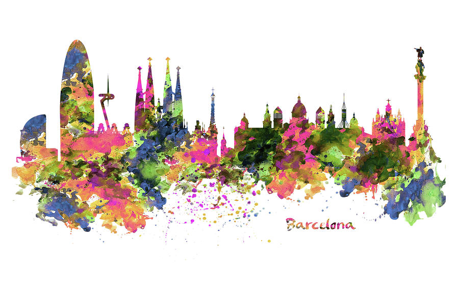Barcelona Watercolor Skyline Painting by Marian Voicu