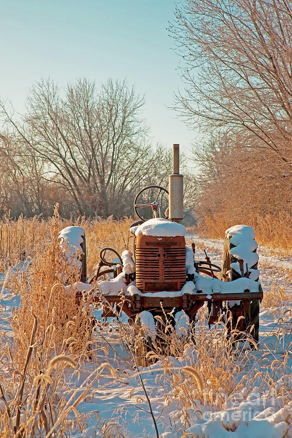    Bard Road farm Il Tractor frosted field winter  Photograph by Tom Jelen