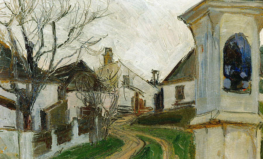 Bare trees, Houses and Wayside Shrine Painting by Egon Schiele