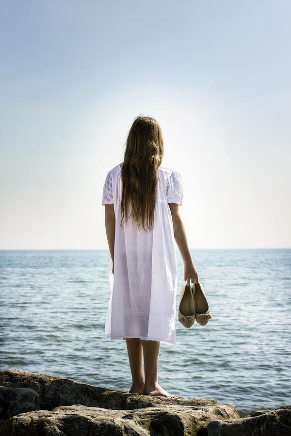 Framed Print-Naked Woman Stood at the Beach Purple Ocean 