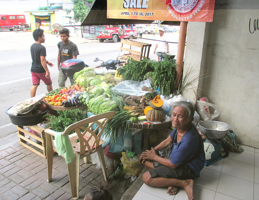 Vegetable Photograph - Barefoot Lady Street Vendor by Kay Novy