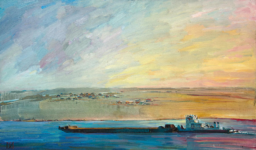 Barge On The River. Summer Painting