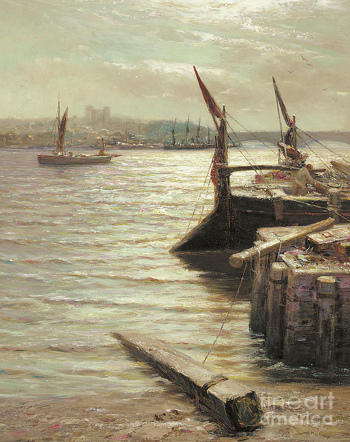 Rope Painting - Barges moored by the riverbank by Colin Hunter