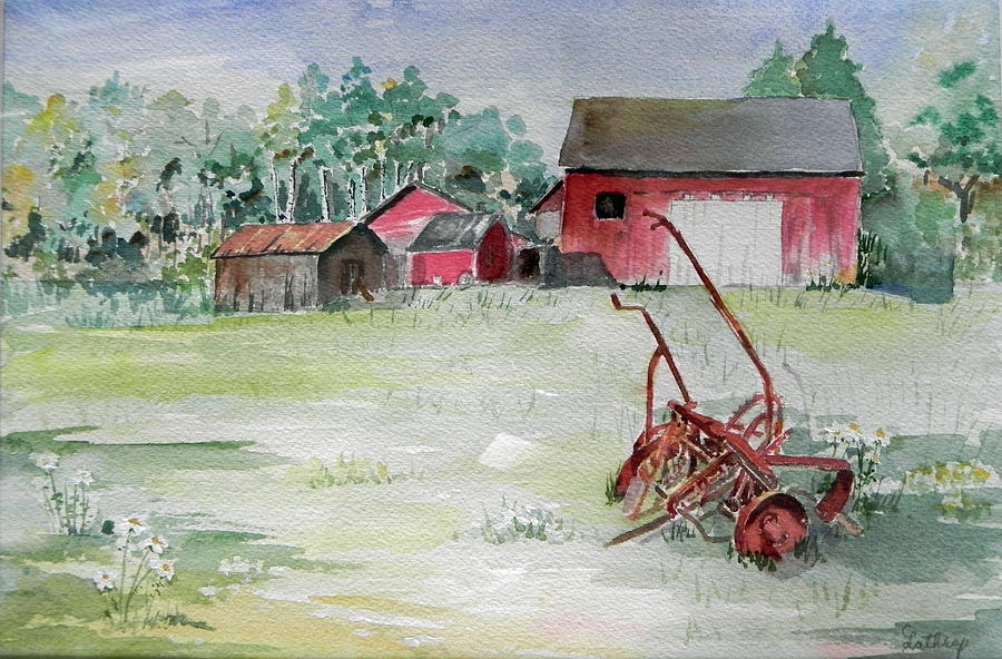 Barn and Cultivator Painting by Christine Lathrop